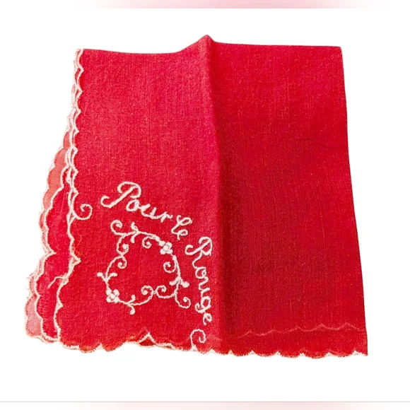 HANKERCHIEF French Red Rouge Embroidered Vintage Retro Cotton 8.5"x8.5" - Picture 2 of 6